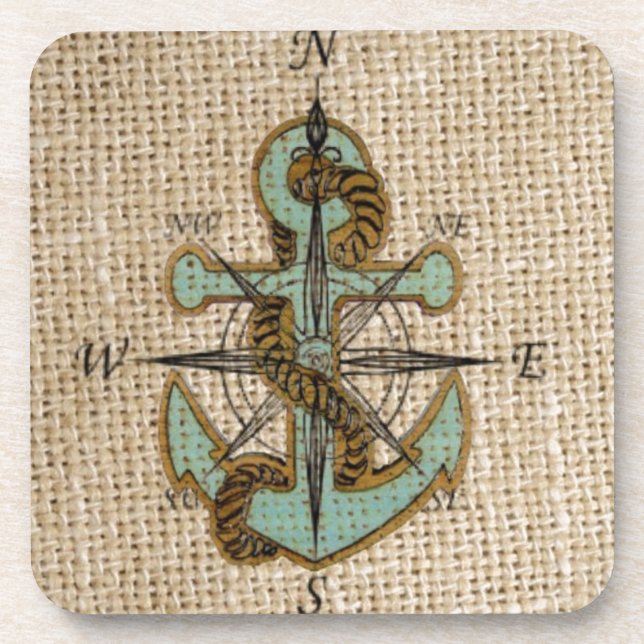 boho chic burlap nautical compass Blue anchor Coaster (Front)