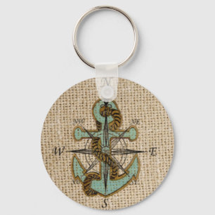 boho chic burlap nautical compass Blue anchor Key Ring