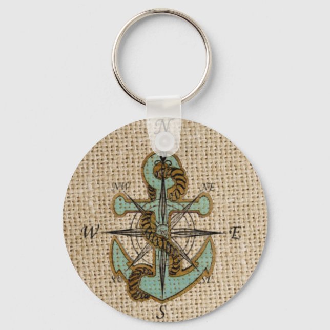 boho chic burlap nautical compass Blue anchor Key Ring (Front)