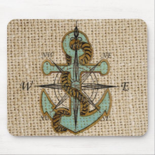 boho chic burlap nautical compass Blue anchor Mouse Pad