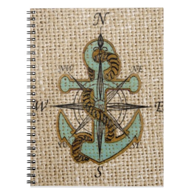 boho chic burlap nautical compass Blue anchor Notebook (Front)