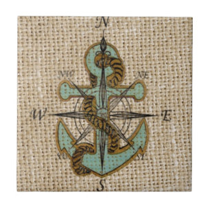 boho chic burlap nautical compass Blue anchor Tile