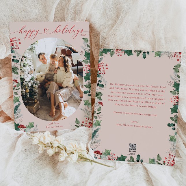 Boho Chic Calligraphy Blush Pink Photo  Holiday Card (Creator Uploaded)