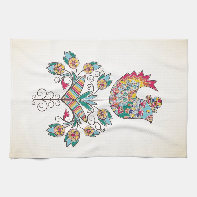 Boho-chic chick on flower tea towel (Horizontal)