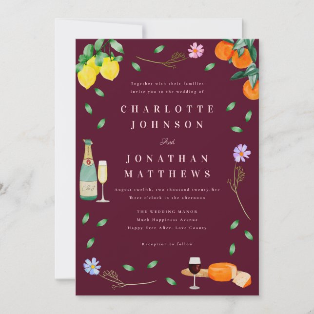 Boho Chic Citrus Rustic Burgundy Pink Wedding Invitation (Front)