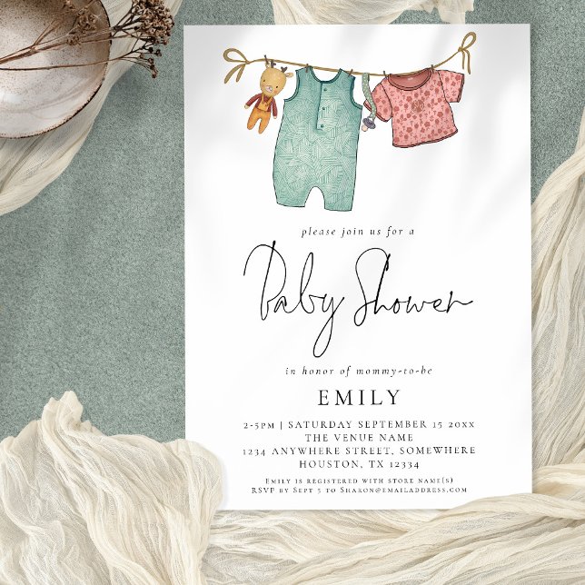 Boho Chic Clothes on Line Baby Shower  Invitation (Square corners - one of 6 corner/edge styles to choose from)