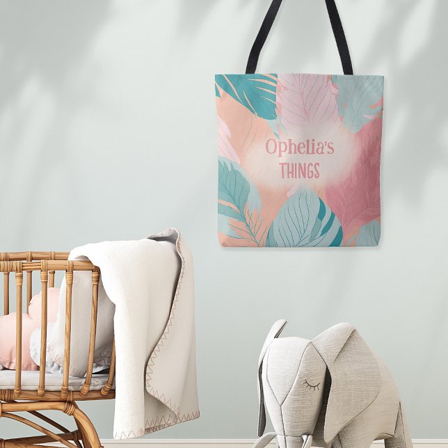 Boho Chic Coral Pink Turquoise Leaves Name Baby Tote Bag (Creator Uploaded)