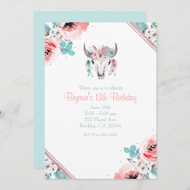 Boho Chic Cow Skull Floral Birthday Invitation (Front/Back)