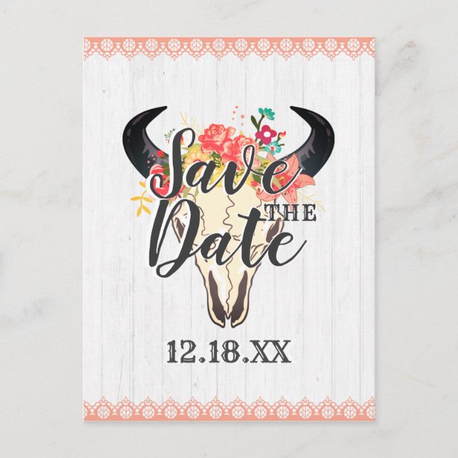 Boho Chic Cow Skull Floral Bouquets Save the Date Announcement Postcard (Front)