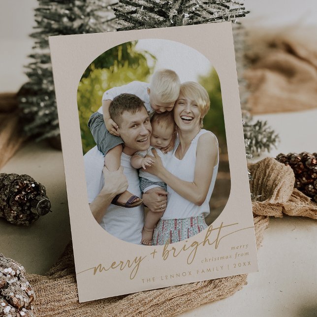 Boho Chic Cream Gold Merry Bright Photo Christmas Holiday Card (Creator Uploaded)