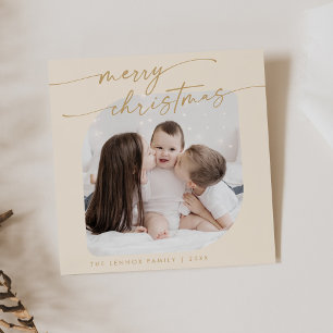 Boho Chic Cream Gold Photo Cute Family Christmas Holiday Card