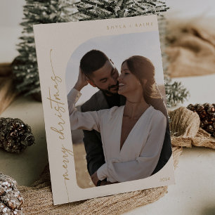 Boho Chic Cream Gold Photo Simple Merry Christmas Holiday Card