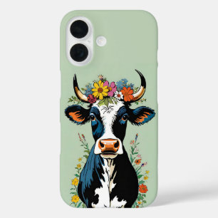 Boho Chic Cute Minimalist Cow Flower Crown iPhone 16 Case