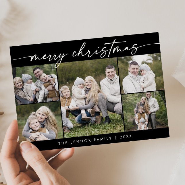 Boho Chic Dark Black Photo Boho Merry Christmas Holiday Card (Creator Uploaded)