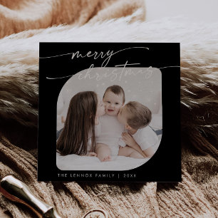 Boho Chic Dark Black Photo Cute Family Christmas Holiday Card