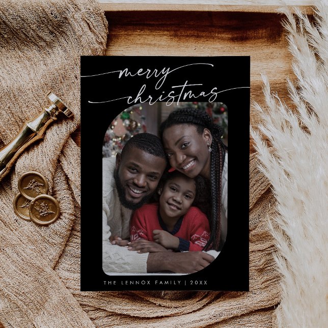 Boho Chic Dark Black Photo Cute Merry Christmas Holiday Card (Creator Uploaded)