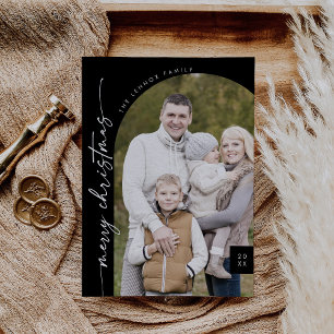 Boho Chic Dark Black Photo Modern Merry Christmas Holiday Card