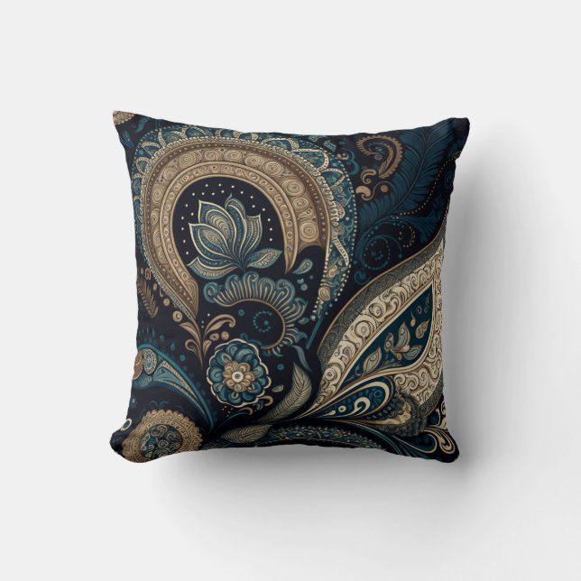 Boho Chic Dark Blue Paisley Pattern Cushion (Front)