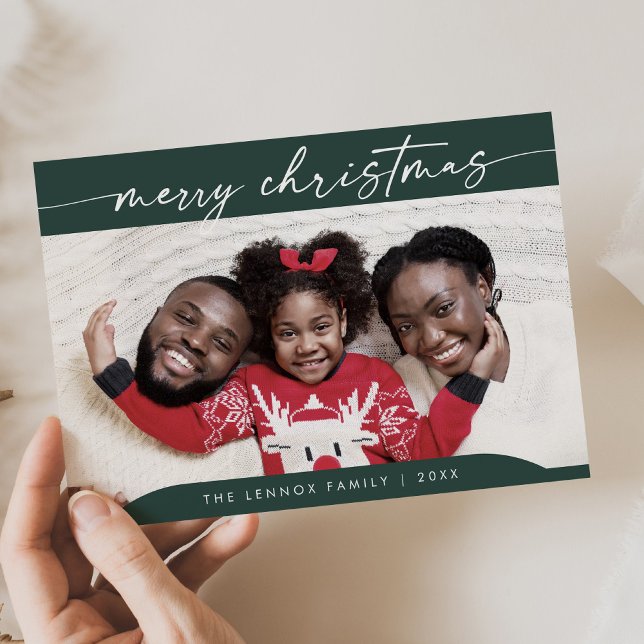 Boho Chic Dark Green Easy Modern Photo Christmas Holiday Card (Creator Uploaded)