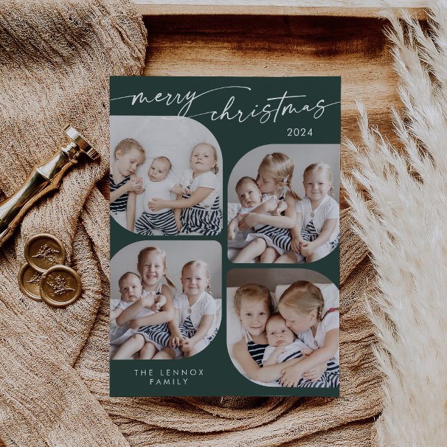 Boho Chic Dark Green Family Multi Photo Christmas Holiday Card (Creator Uploaded)