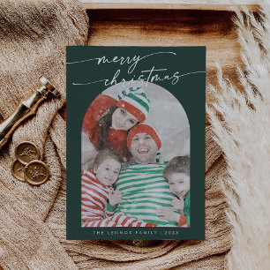 Boho Chic Dark Green Fun Family Photo Christmas Holiday Card