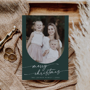 Boho Chic Dark Green Photo Boho Family Christmas Holiday Card