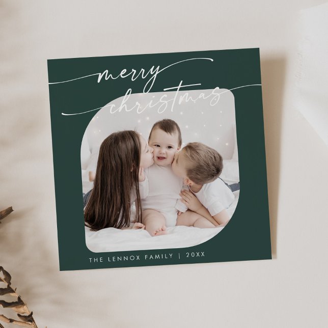 Boho Chic Dark Green Photo Cute Family Christmas Holiday Card (Creator Uploaded)