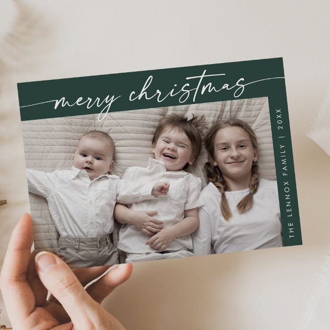 Boho Chic Dark Green Photo Fun Family Christmas Holiday Card (Creator Uploaded)