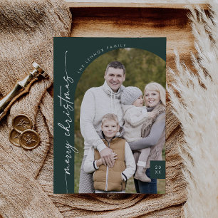 Boho Chic Dark Green Photo Modern Merry Christmas Holiday Card