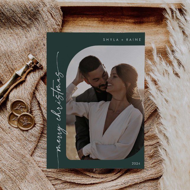 Boho Chic Dark Green Photo Simple Merry Christmas Holiday Card (Creator Uploaded)