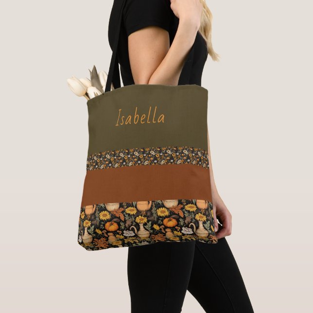 Boho-Chic Dark Green & Rust Tote Bag (Close Up)