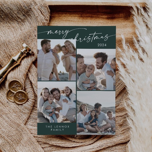 Boho Chic Dark Green Xmas Photo Unique Christmas Holiday Card (Creator Uploaded)