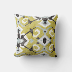 Boho chic dark grey and yellow ikat tribal pattern cushion