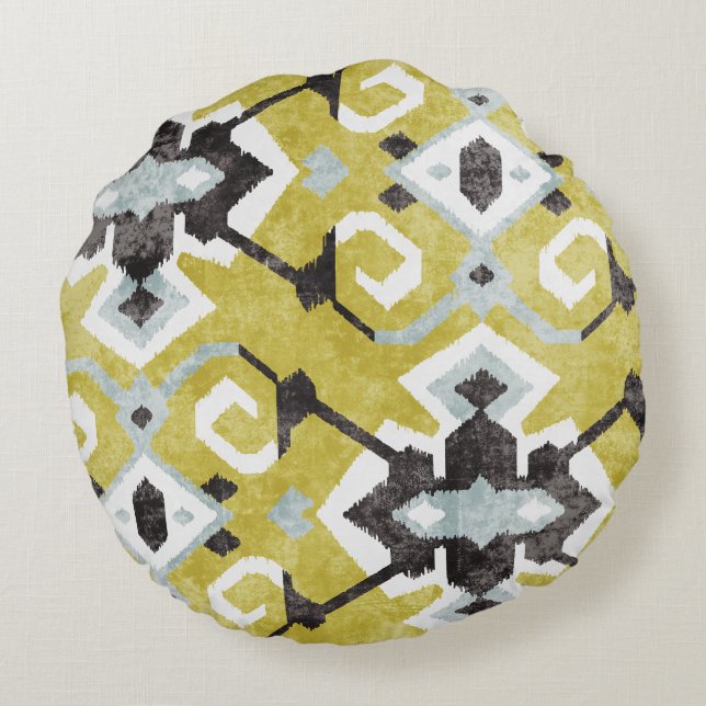 Boho chic dark grey and yellow ikat tribal pattern round cushion (Back)