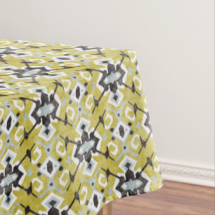 Boho chic dark grey and yellow ikat tribal pattern tablecloth