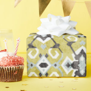 Boho chic dark grey and yellow ikat tribal pattern wrapping paper