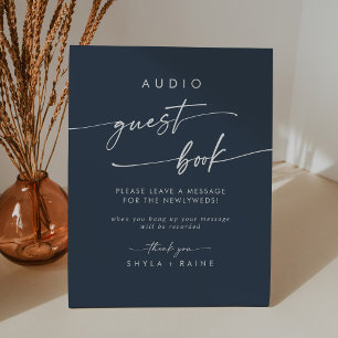Boho Chic Dark Navy Blue Audio Guestbook Wedding Pedestal Sign
