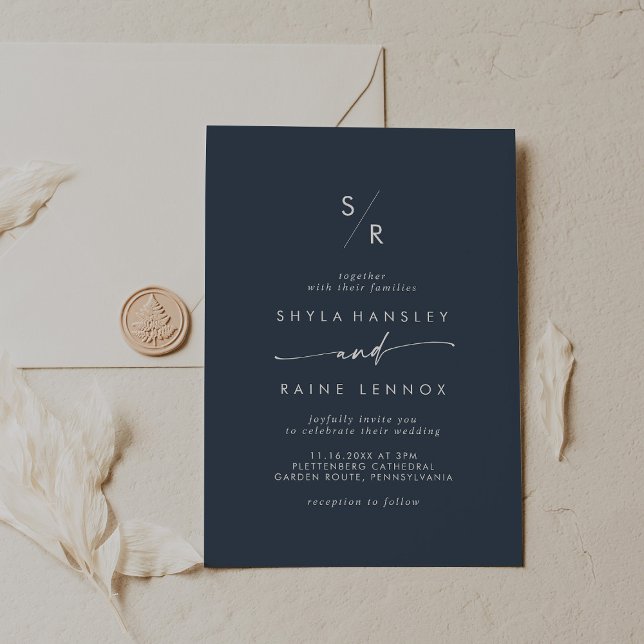 Boho Chic Dark Navy Blue Monogram Wedding Invitation (Creator Uploaded)