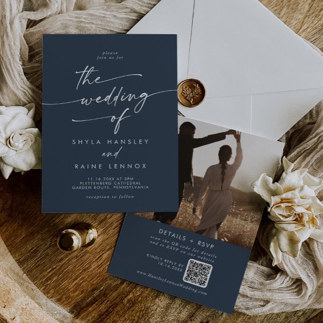 Boho Chic Dark Navy Blue Photo QR Code Wedding Invitation (Creator Uploaded)