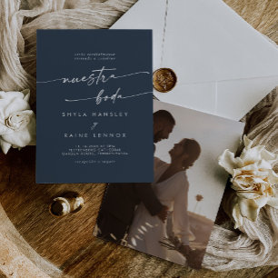 Boho Chic Dark Navy Blue Photo Spanish Wedding Invitation