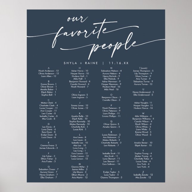 Boho Chic Dark Navy Blue Printable Seating Chart (Front)