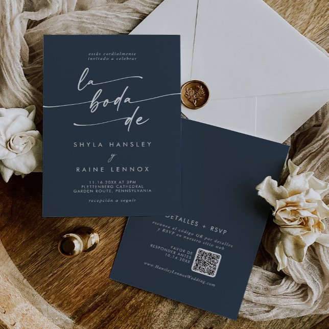 Boho Chic Dark Navy Blue QR Code Spanish Wedding Invitation (Creator Uploaded)