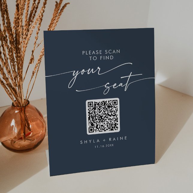 Boho Chic Dark Navy Blue Seating Chart QR Code Pedestal Sign (Creator Uploaded)