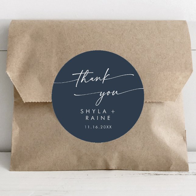 Boho Chic Dark Navy Blue Thank You Wedding Favour Classic Round Sticker (Creator Uploaded)