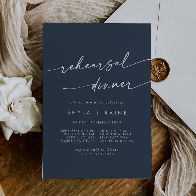 Boho Chic Dark Navy Blue Wedding Rehearsal Dinner Invitation (Creator Uploaded)