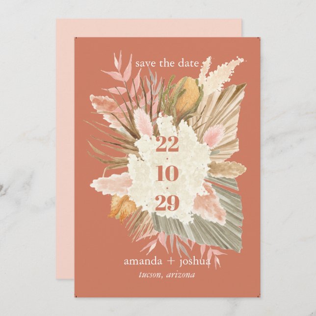 Boho Chic Desert Dried Foliage and Pampas Wedding  Save The Date (Front/Back)