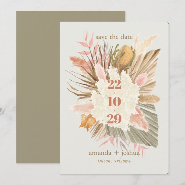 Boho Chic Desert Dried Foliage and Pampas Wedding  Save The Date (Front/Back)