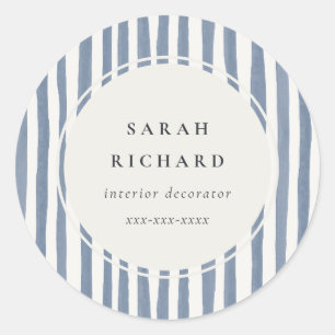 Boho Chic Dusky Blue Watercolor Hand Drawn Strips Classic Round Sticker