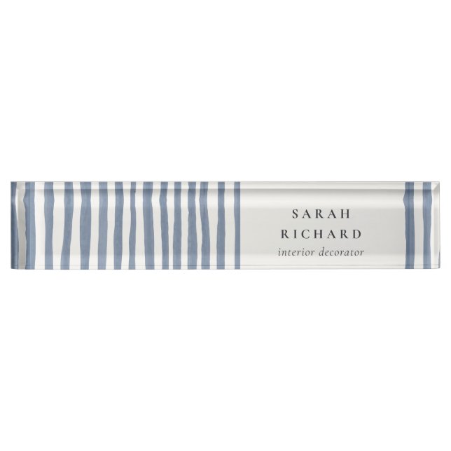 Boho Chic Dusky Blue Watercolor Hand Drawn Strips Nameplate (Front)