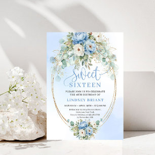 Boho Chic Dusty Blue Floral Gold Sweet 16 Birthday Invitation